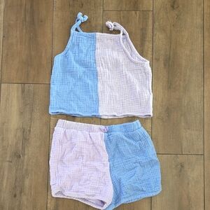 Two-Tone Blue and Pink Tank Top and Shorts Set